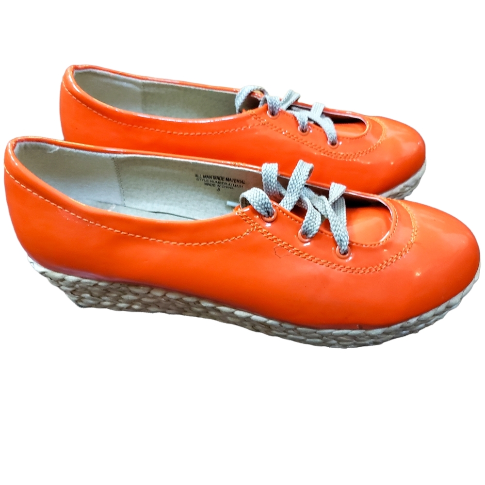 Bertinni Patent Leather Lace-Up Platform Raffia Espadrilles Orange 8 - Picture 5 of 8